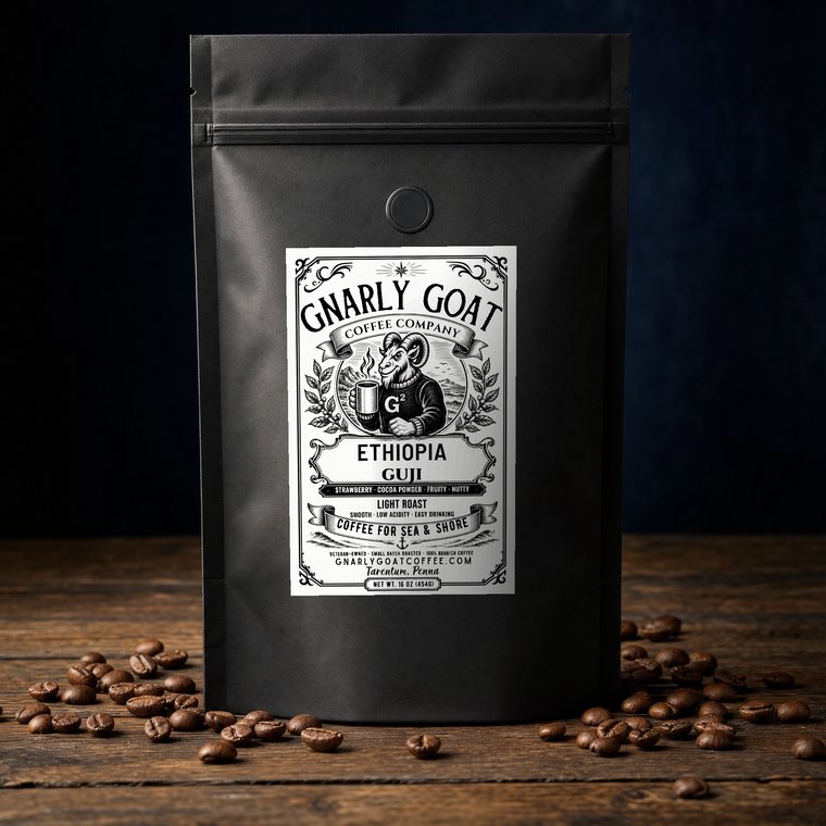 Ethiopia Guji 16 ounce bag on weathered wood