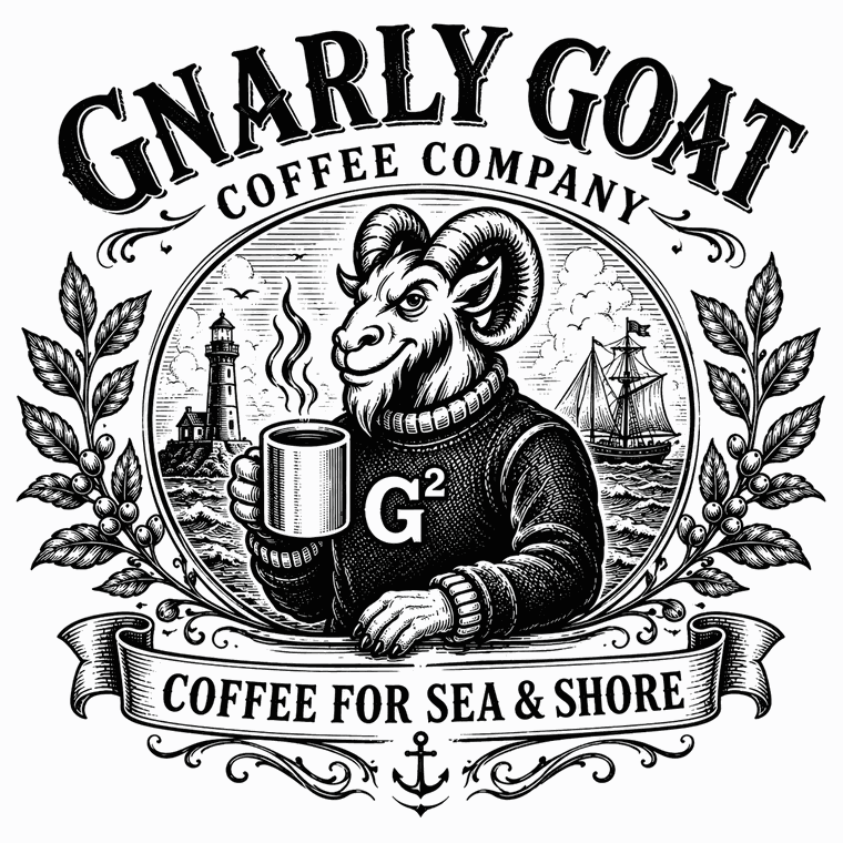 Gnarly Goat engraved emblem showing Bill the goat with a lighthouse and a tall ship, above a ribbon reading Coffee for Sea and Shore