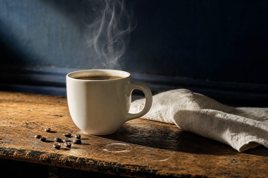 A mug of black coffee steaming on a worn wooden cafe bar