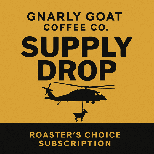 Supply Drop mark, a helicopter sling loading a goat, reading Roaster's Choice Subscription